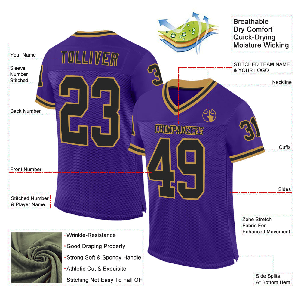 Custom Purple Black-Old Gold Mesh Authentic Throwback Football Jersey view 2