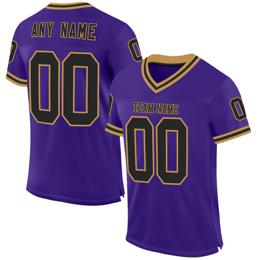 Custom Purple Black-Old Gold Mesh Authentic Throwback Football Jersey - Main View