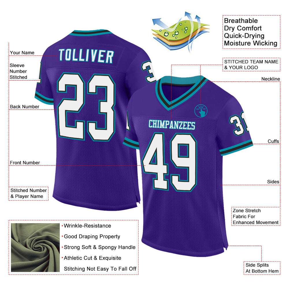 Custom Purple Black-Teal Mesh Authentic Throwback Football Jersey view 2