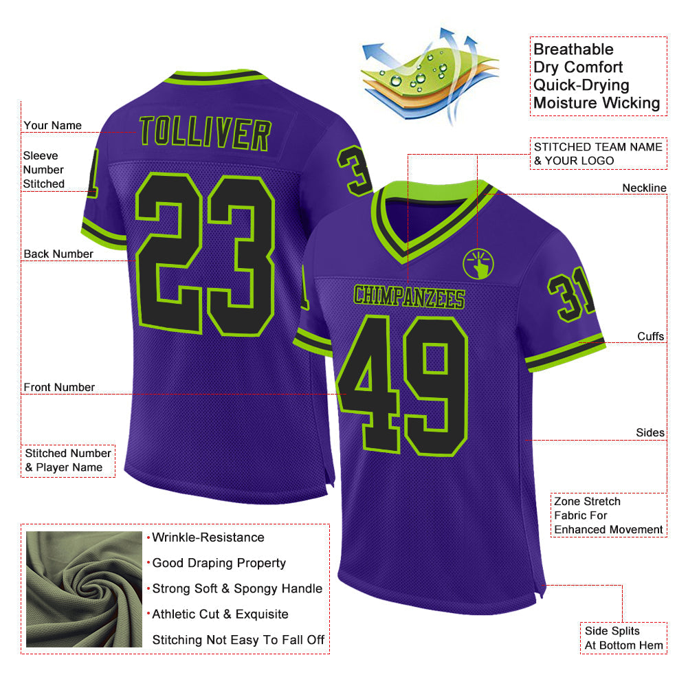 Custom Purple Black-Neon Green Mesh Authentic Throwback Football Jersey view 2