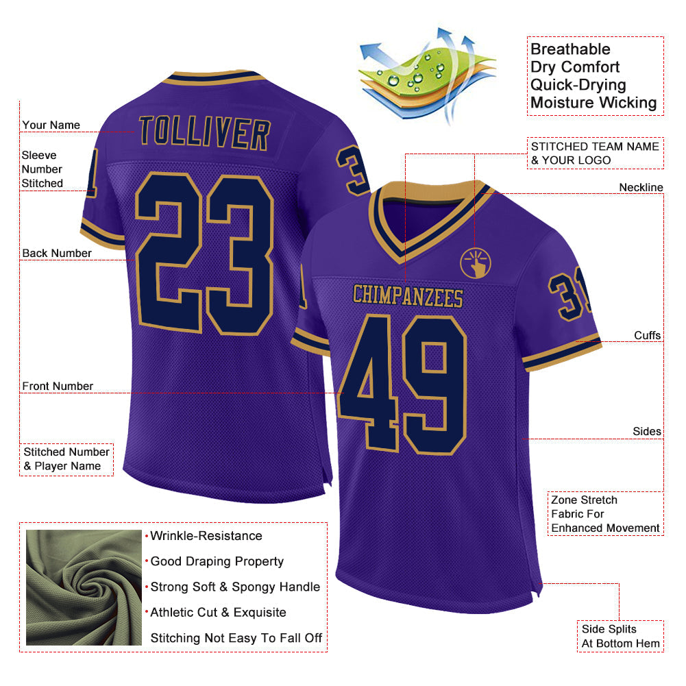 Custom Purple Navy-Old Gold Mesh Authentic Throwback Football Jersey view 2