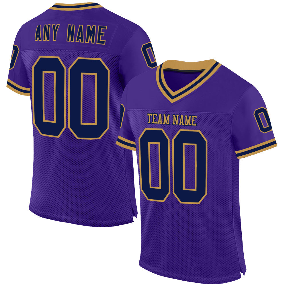 Custom Purple Navy-Old Gold Mesh Authentic Throwback Football Jersey - Main View