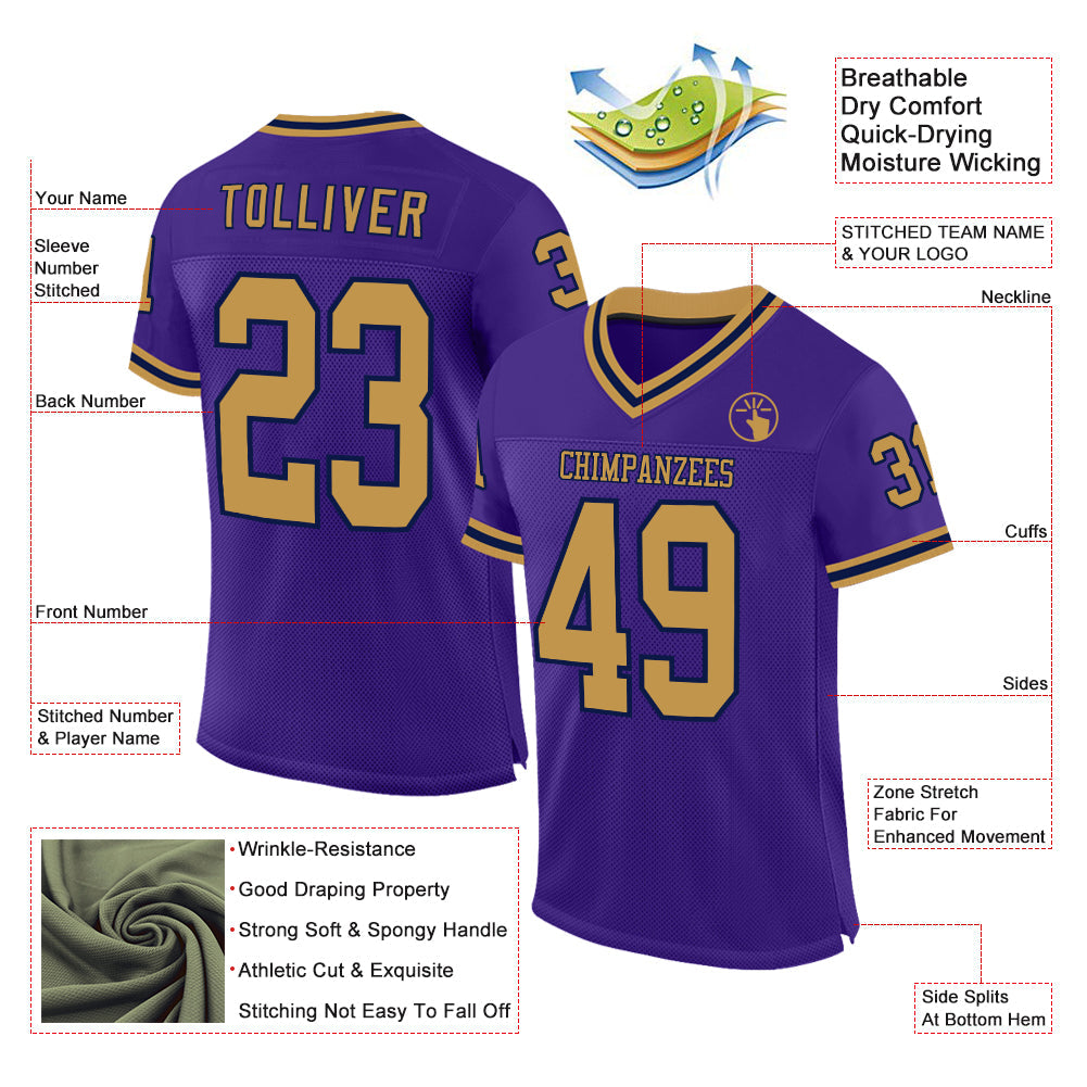 Custom Purple Old Gold-Navy Mesh Authentic Throwback Football Jersey view 2