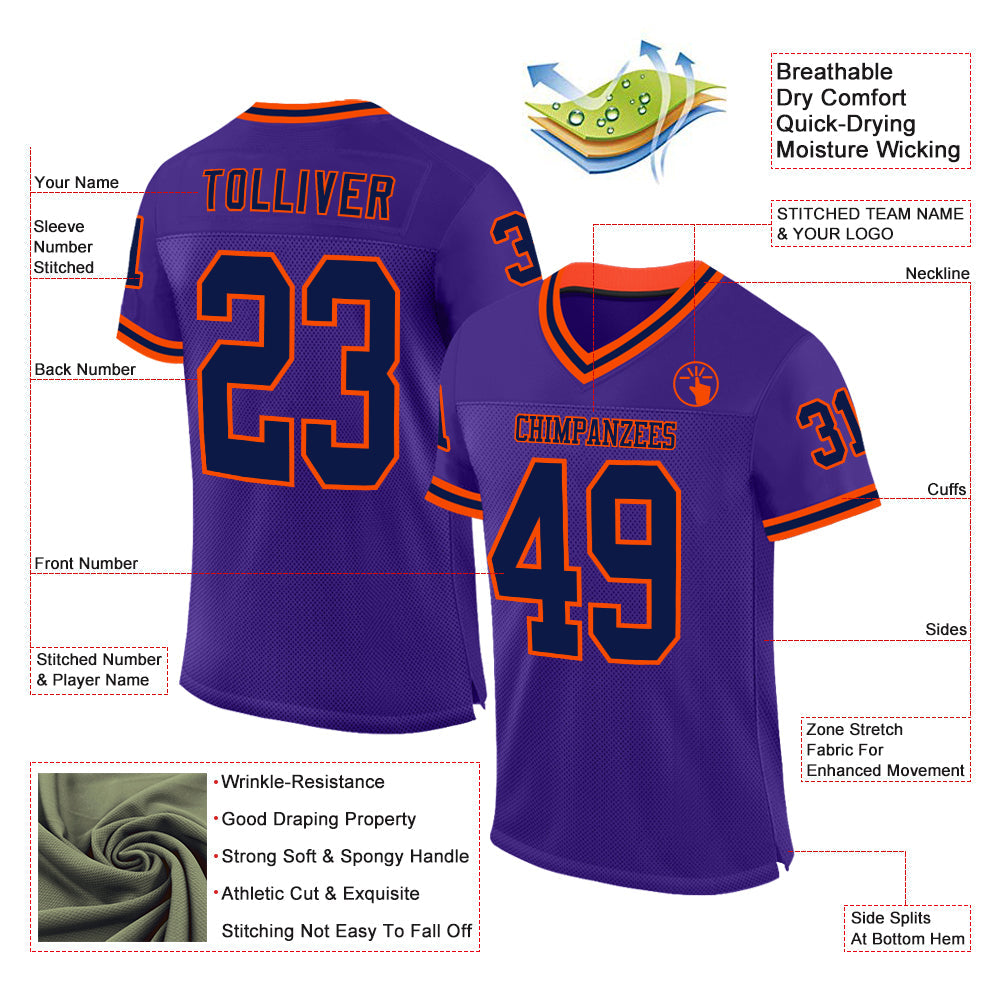 Custom Purple Navy-Orange Mesh Authentic Throwback Football Jersey view 2