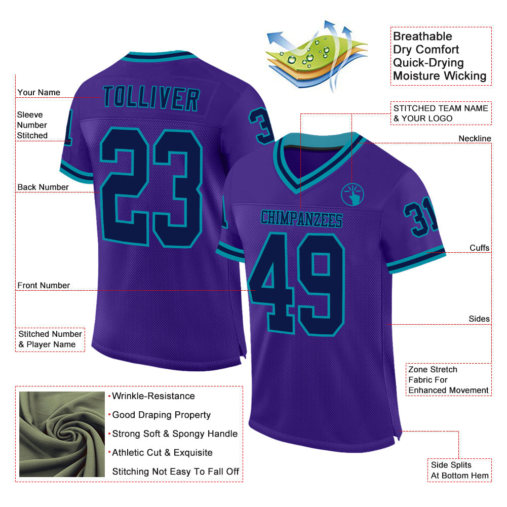 Custom Purple Navy-Teal Mesh Authentic Throwback Football Jersey view 2