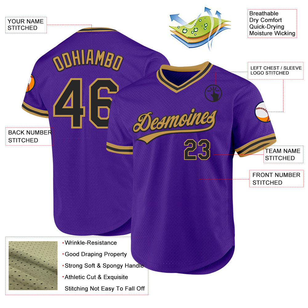 Custom Purple Black-Old Gold Authentic Throwback Baseball Jersey view 3