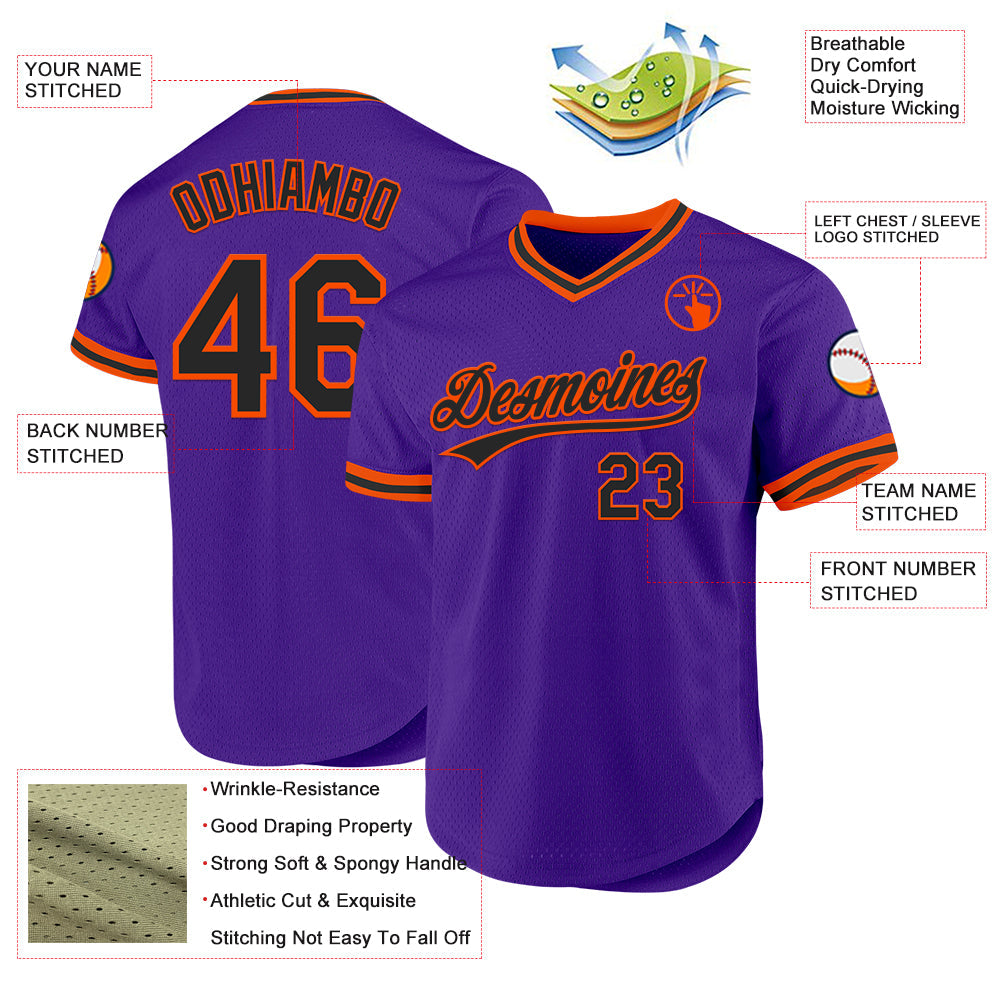 Custom Purple Black-Orange Authentic Throwback Baseball Jersey view 3