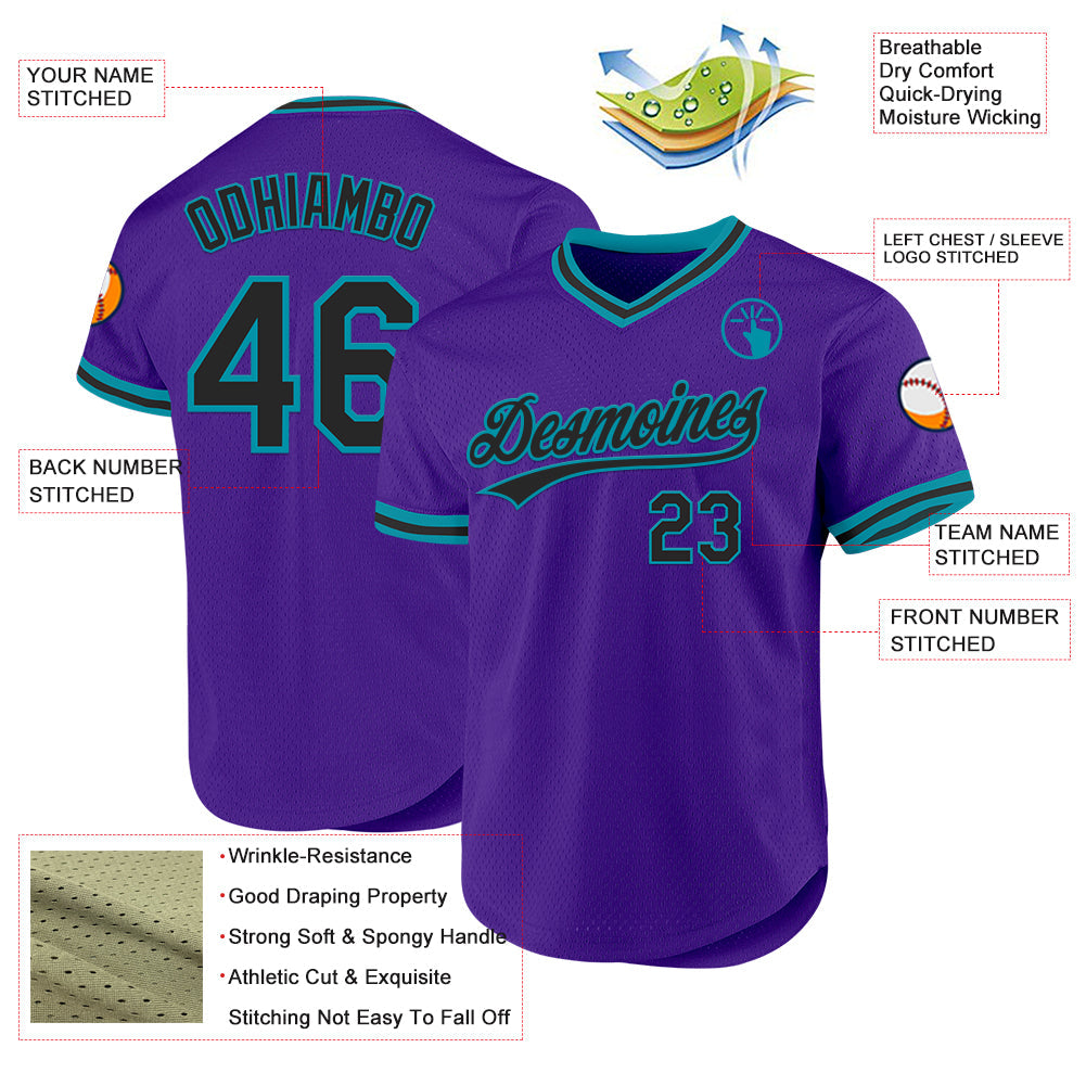 Custom Purple Black-Teal Authentic Throwback Baseball Jersey view 3