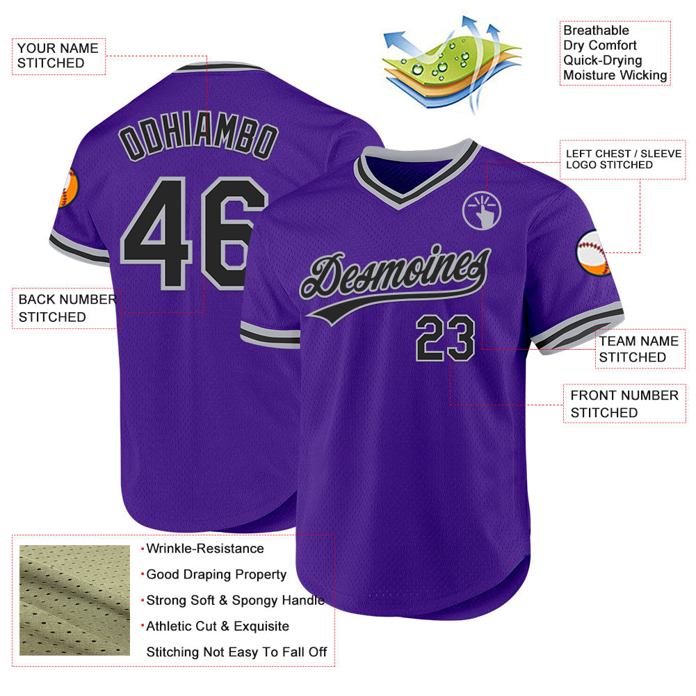 Custom Purple Black-Gray Authentic Throwback Baseball Jersey view 3