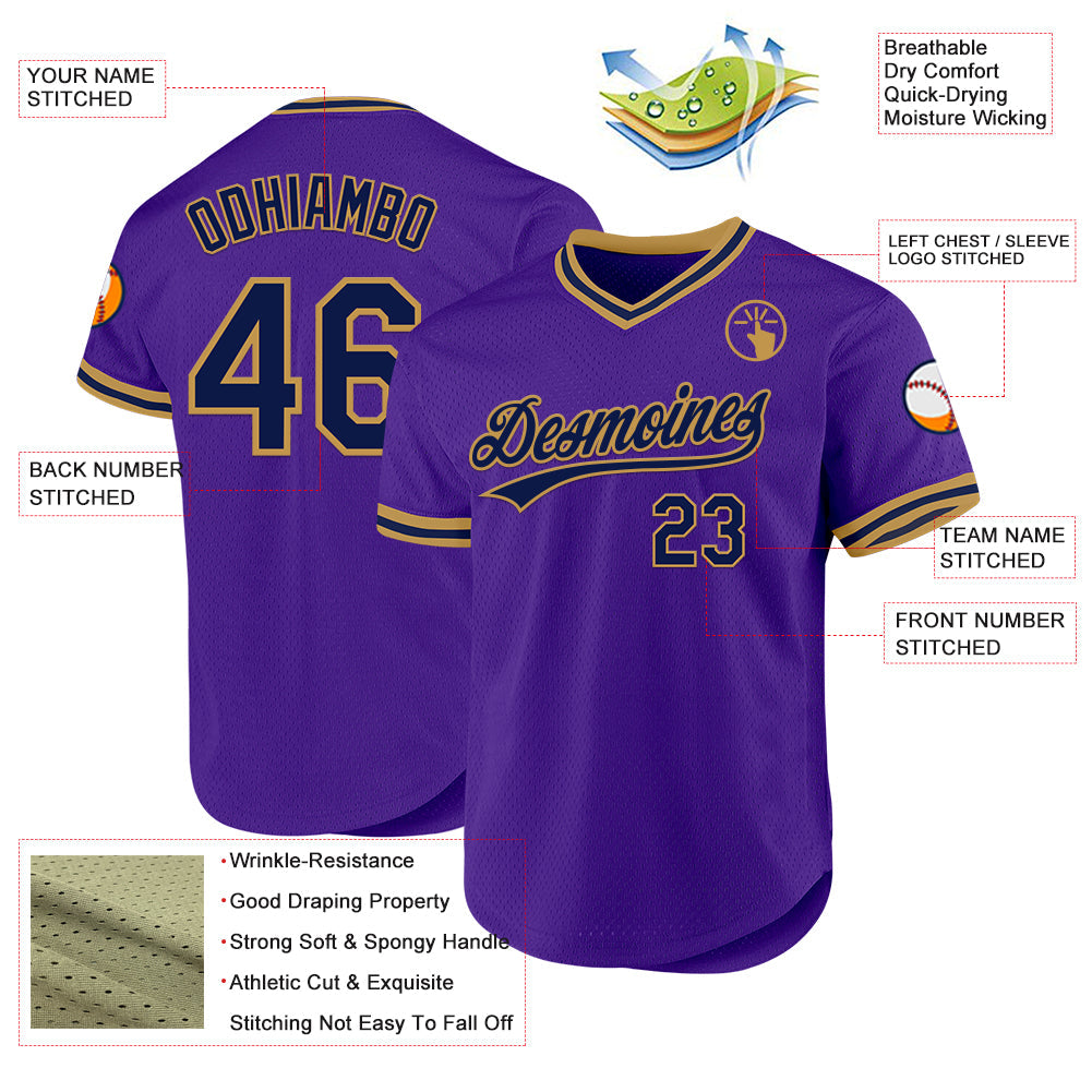Custom Purple Navy-Old Gold Authentic Throwback Baseball Jersey view 3