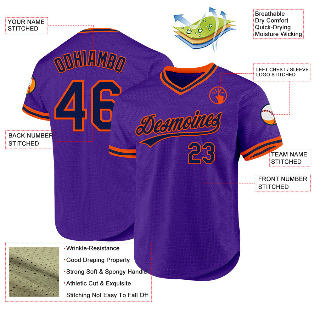 Custom Purple Navy-Orange Authentic Throwback Baseball Jersey view 3