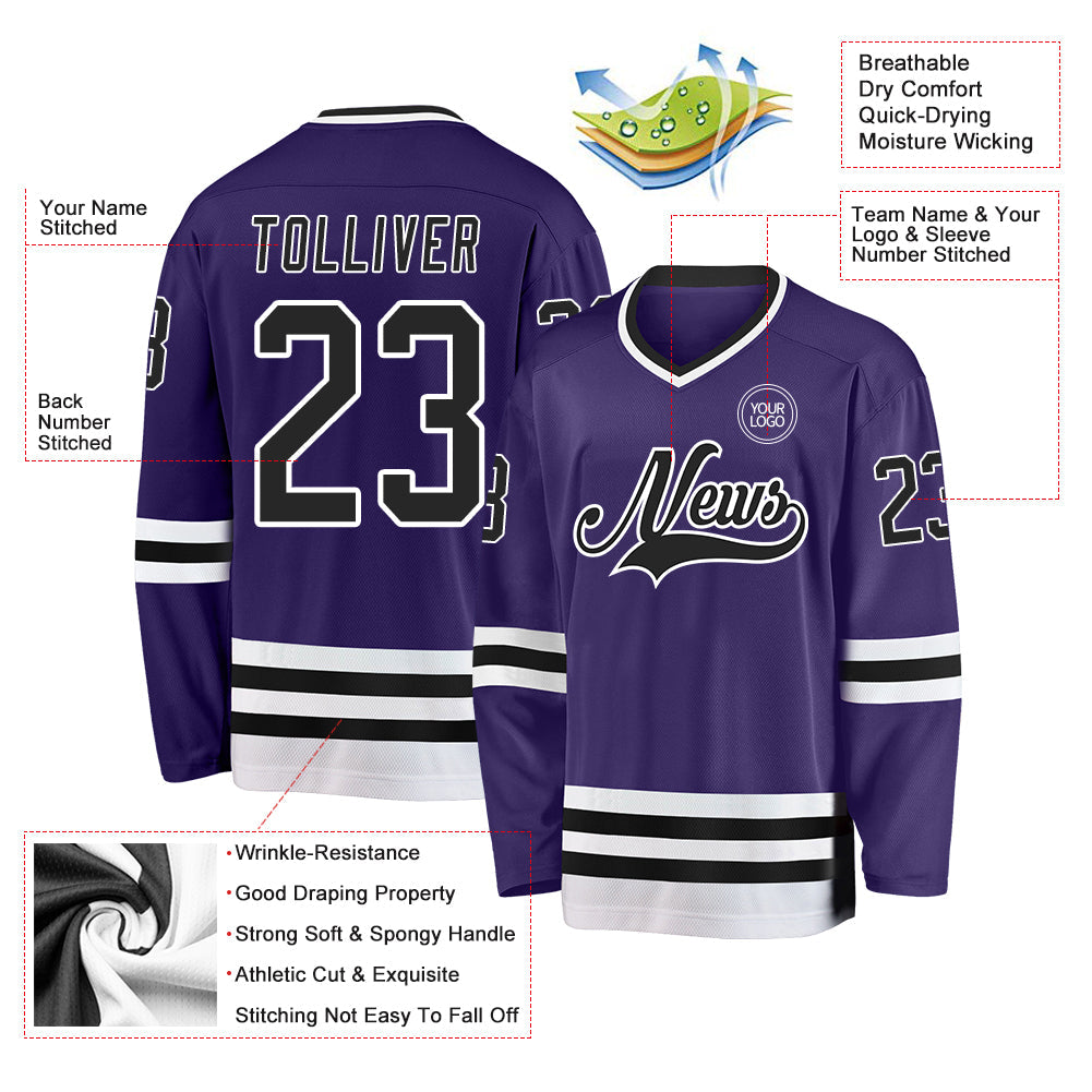 Custom Purple Black-White Hockey Jersey view 3