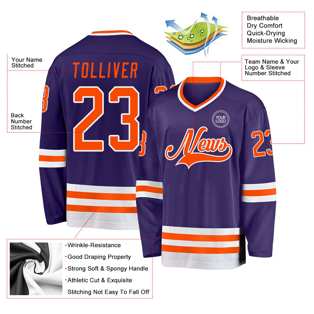 Custom Purple Orange-White Hockey Jersey view 3