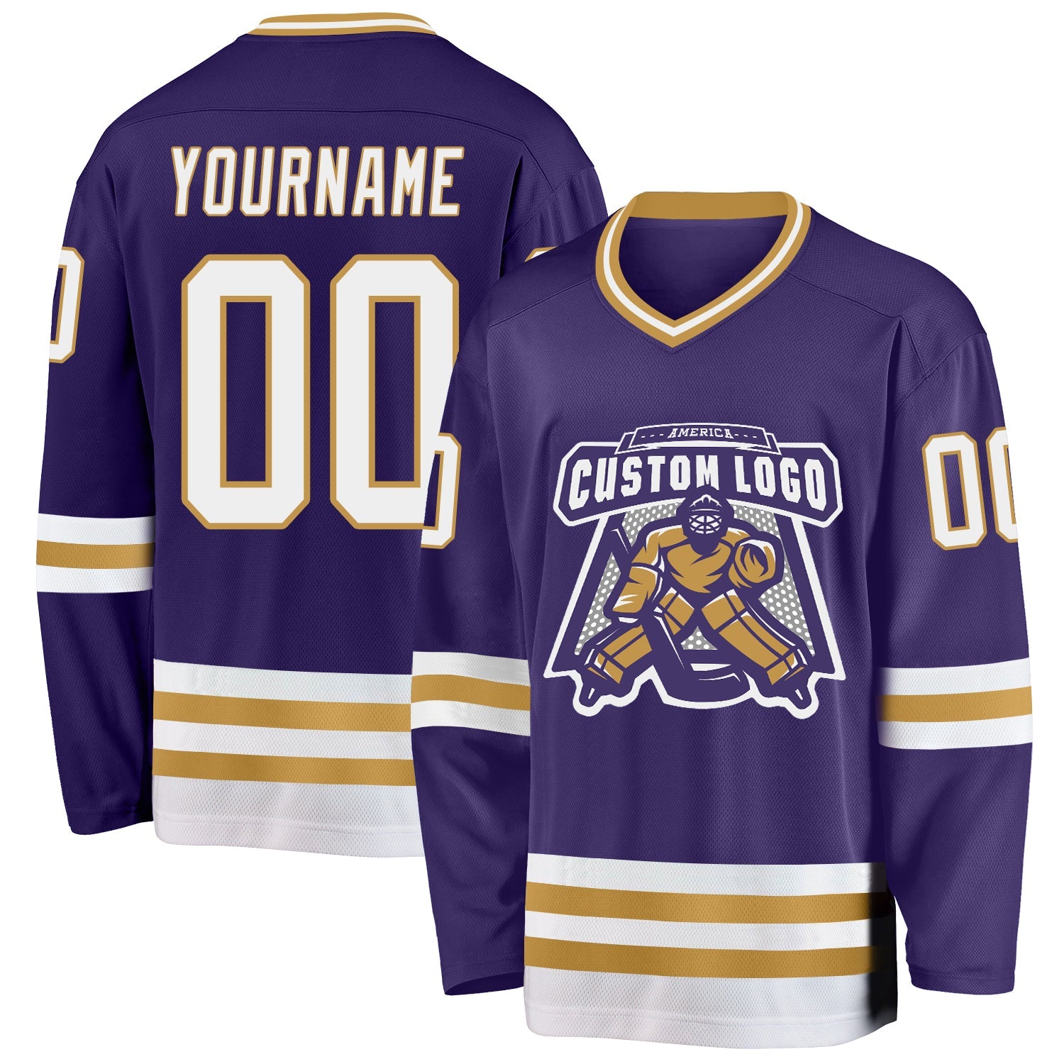 Custom Purple White-Old Gold Hockey Jersey view 2