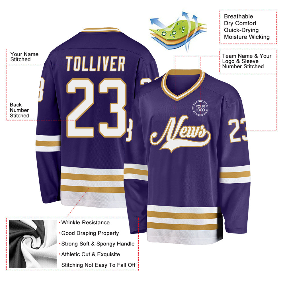 Custom Purple White-Old Gold Hockey Jersey view 3