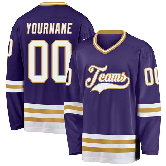 Custom Purple White-Old Gold Hockey Jersey - Main View