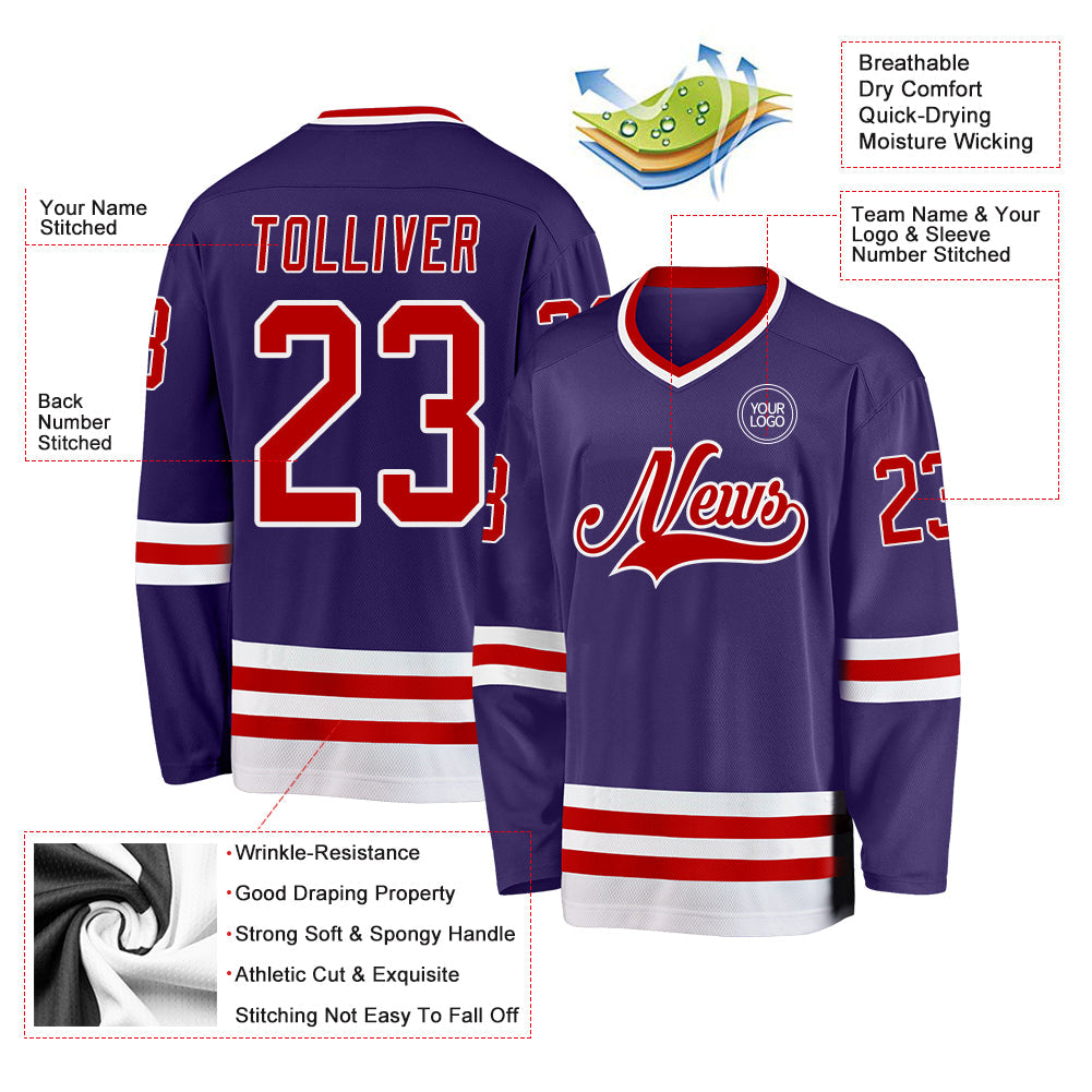 Custom Purple Red-White Hockey Jersey view 3