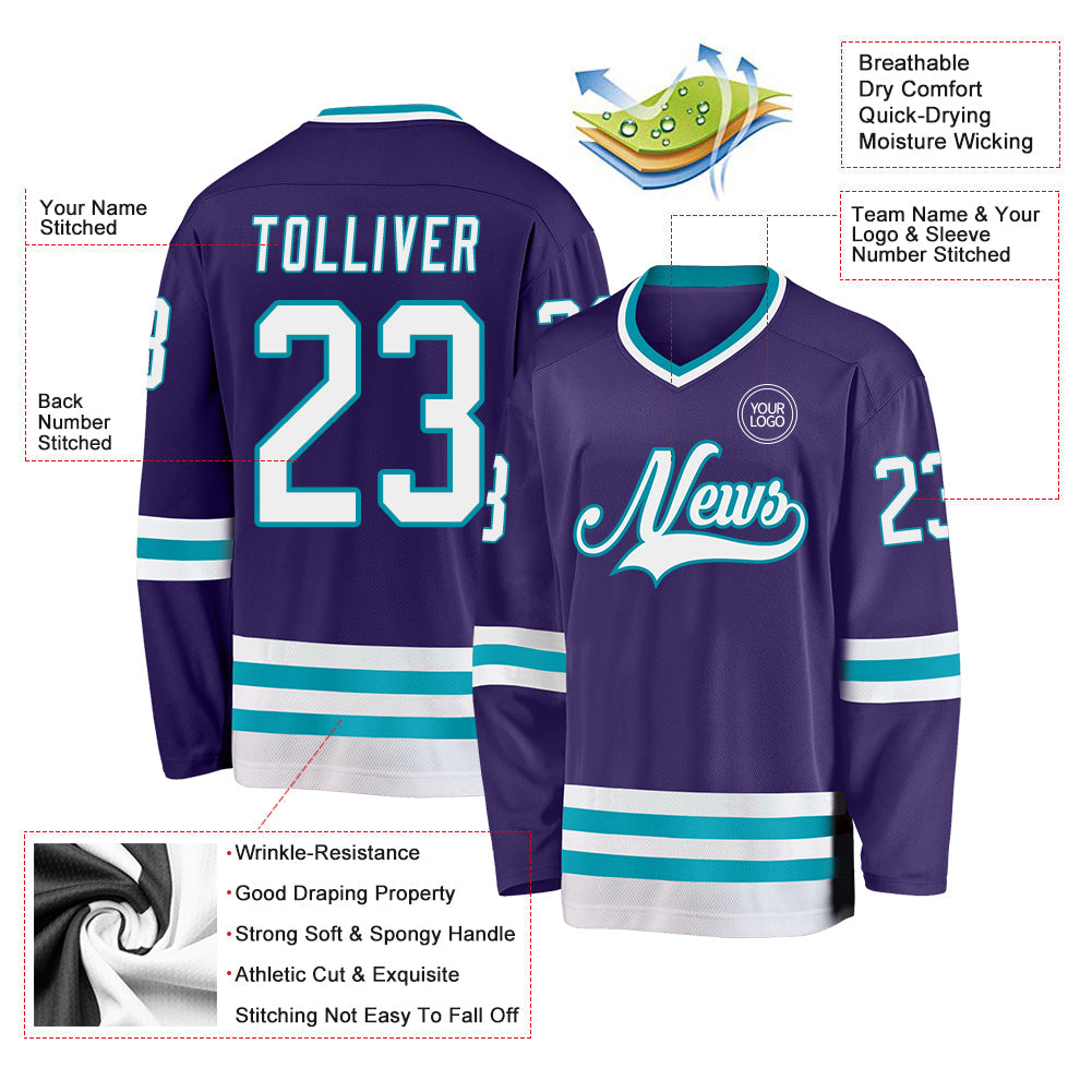 Custom Purple White-Teal Hockey Jersey view 3
