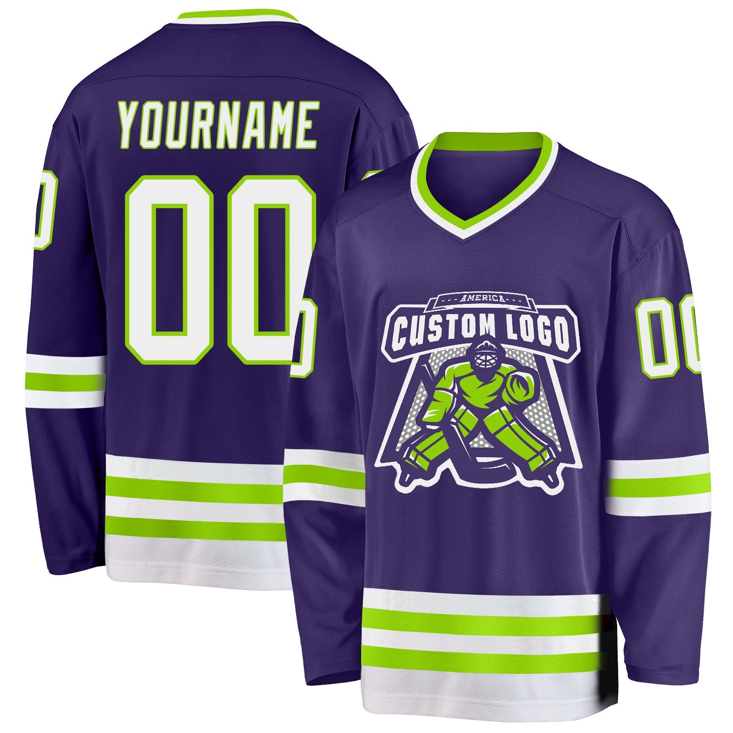 Custom Purple White-Neon Green Hockey Jersey view 2