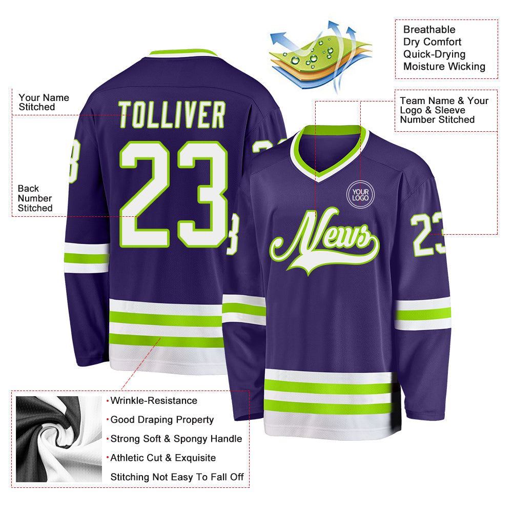 Custom Purple White-Neon Green Hockey Jersey view 3
