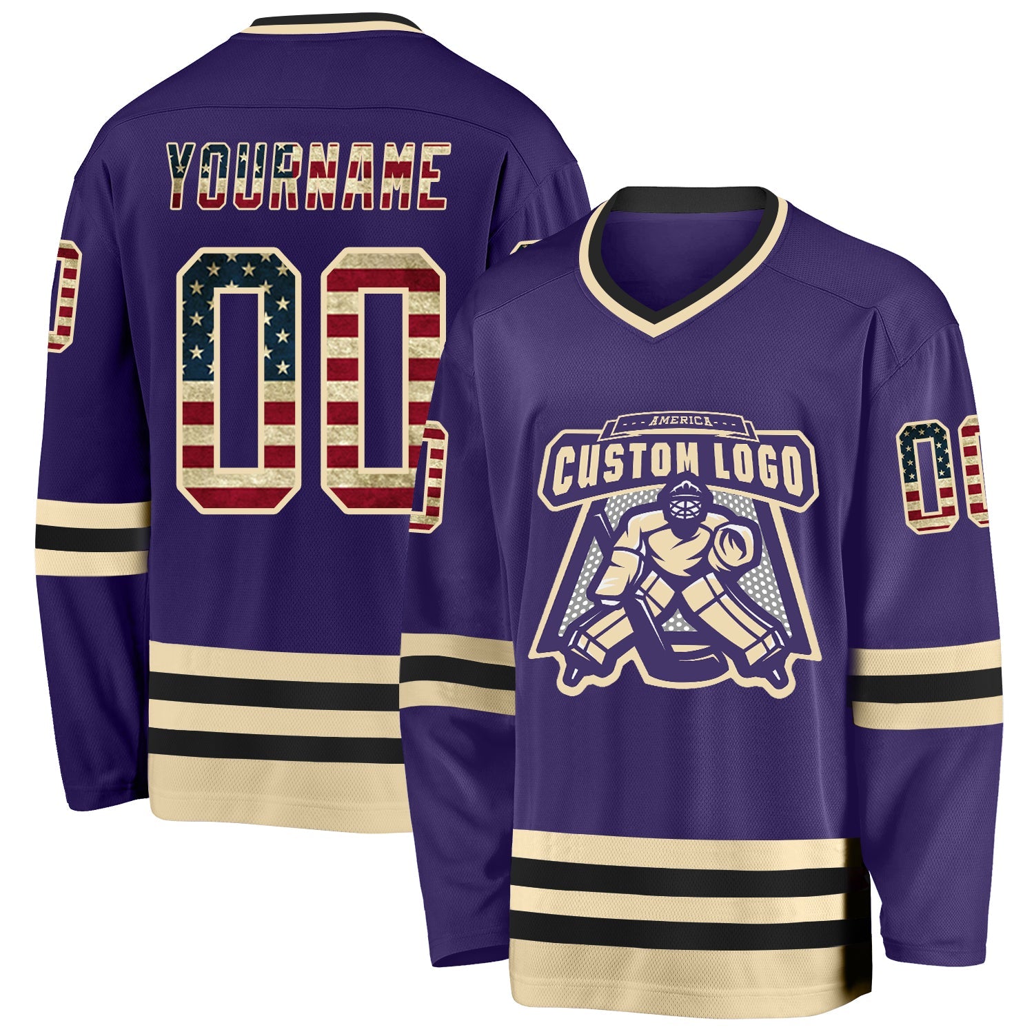 Custom Purple Vintage USA Flag Cream-Black Hockey Jersey view 2