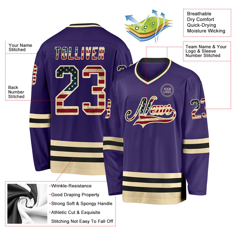 Custom Purple Vintage USA Flag Cream-Black Hockey Jersey view 3