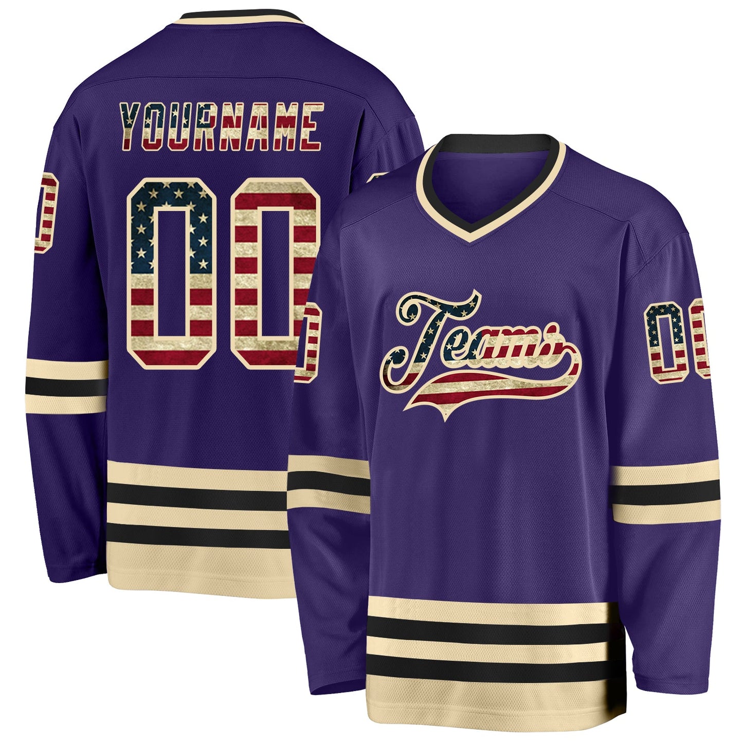 Custom Purple Vintage USA Flag Cream-Black Hockey Jersey - Main View