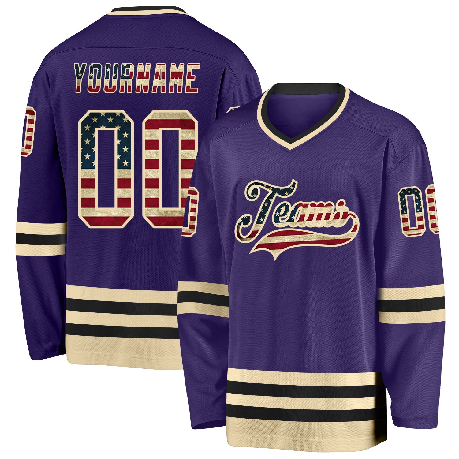 Custom Purple Vintage USA Flag Cream-Black Hockey Jersey - Main View