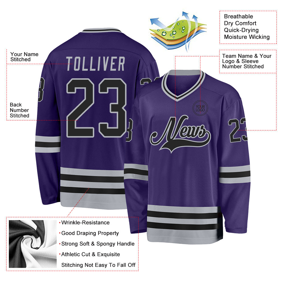 Custom Purple Black-Gray Hockey Jersey view 3