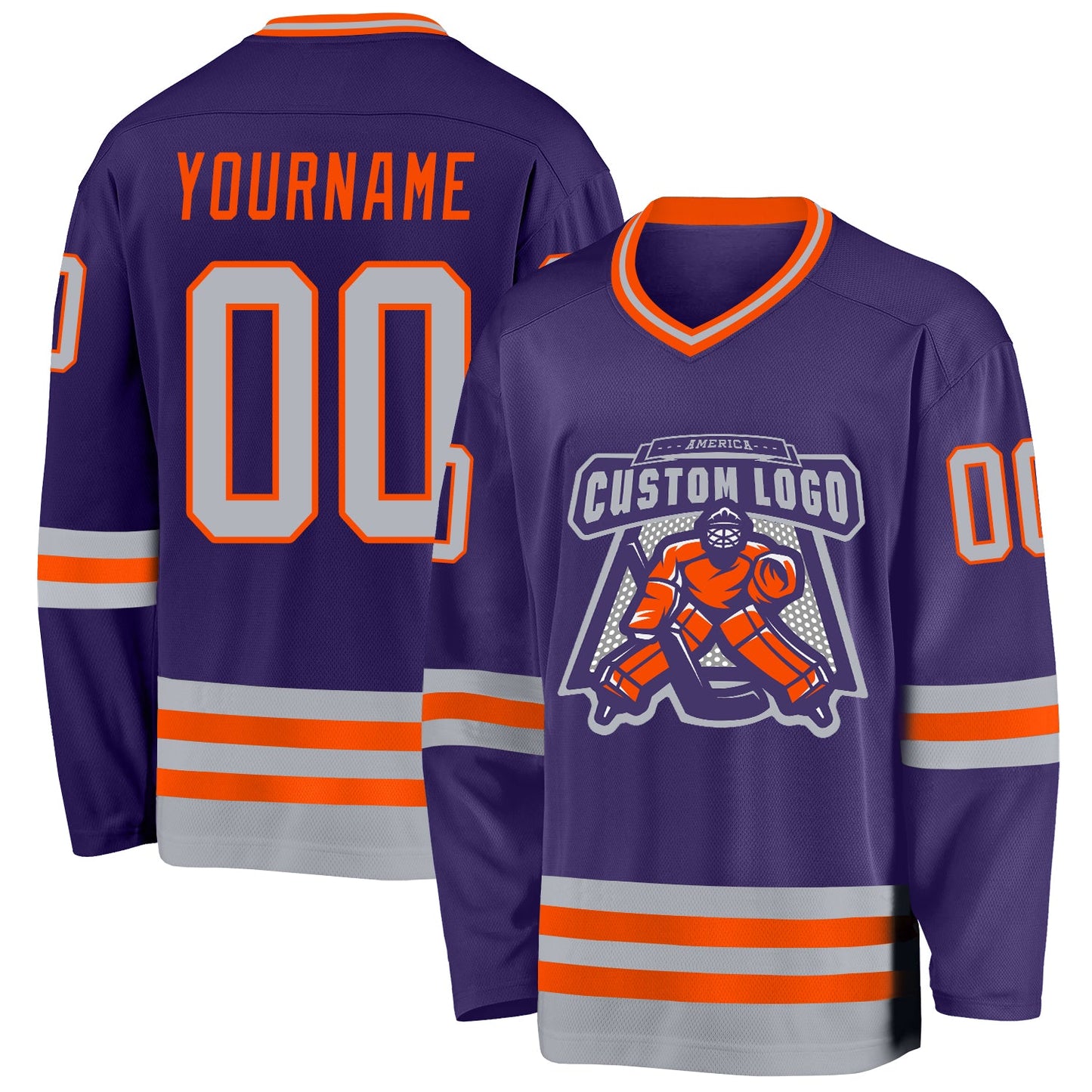 Custom Purple Gray-Orange Hockey Jersey view 2