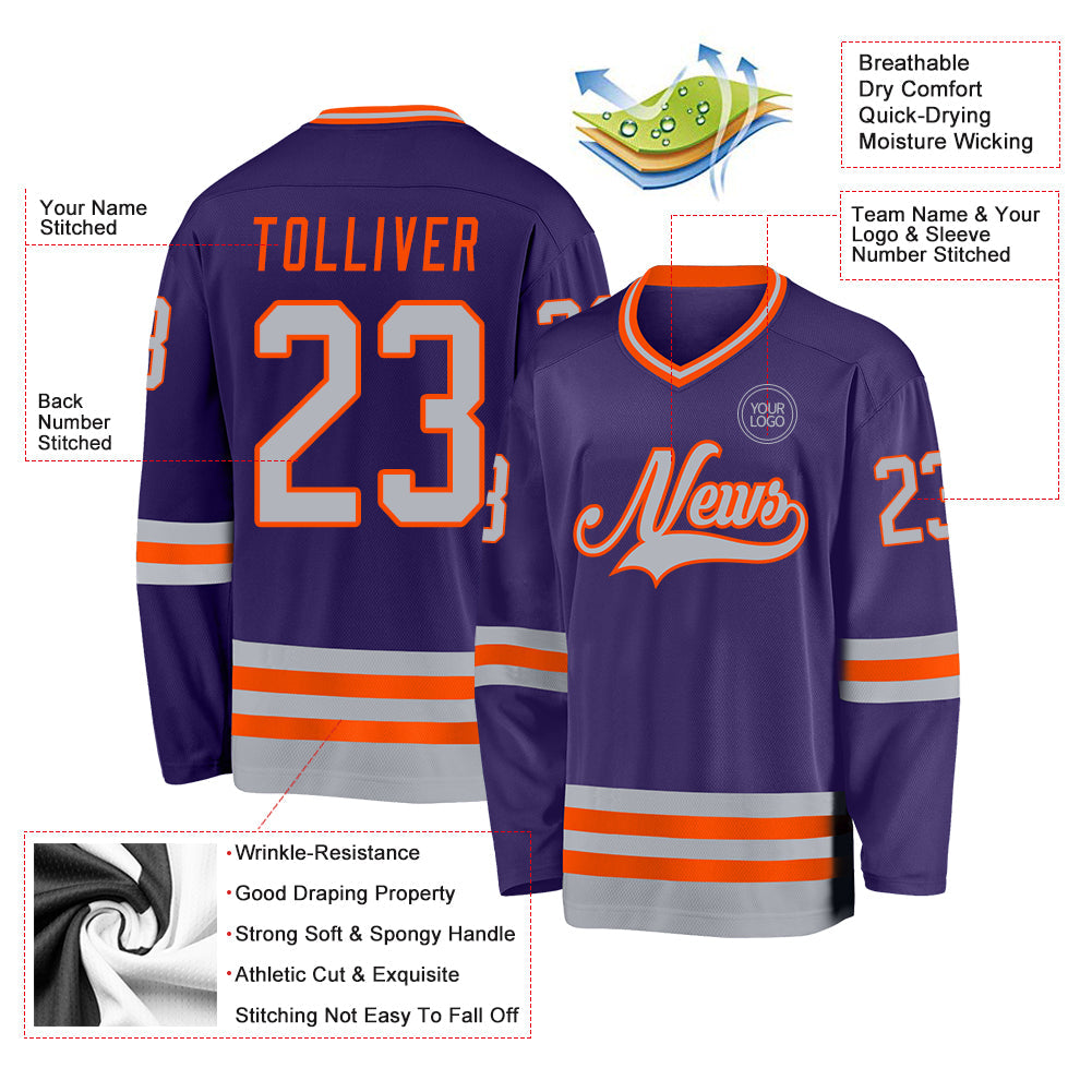 Custom Purple Gray-Orange Hockey Jersey view 3