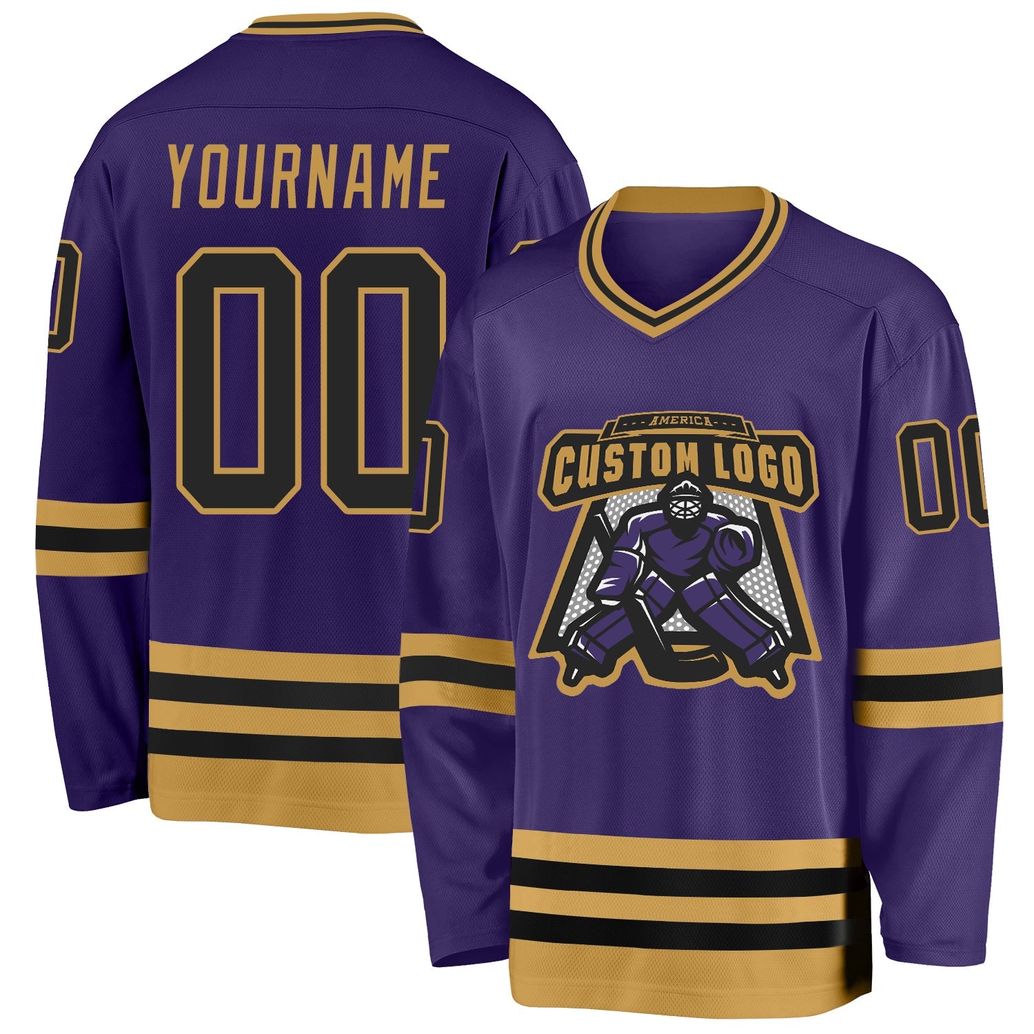 Custom Purple Black-Old Gold Hockey Jersey view 2