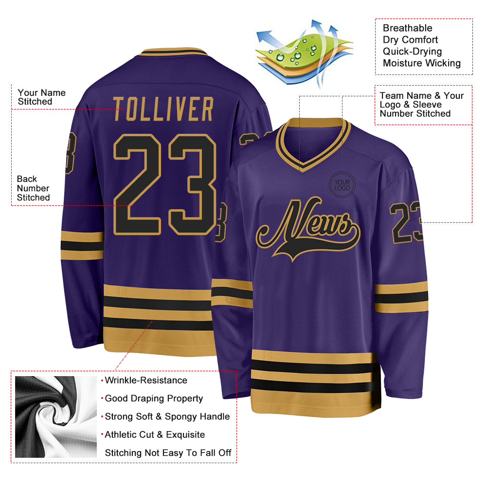 Custom Purple Black-Old Gold Hockey Jersey view 3