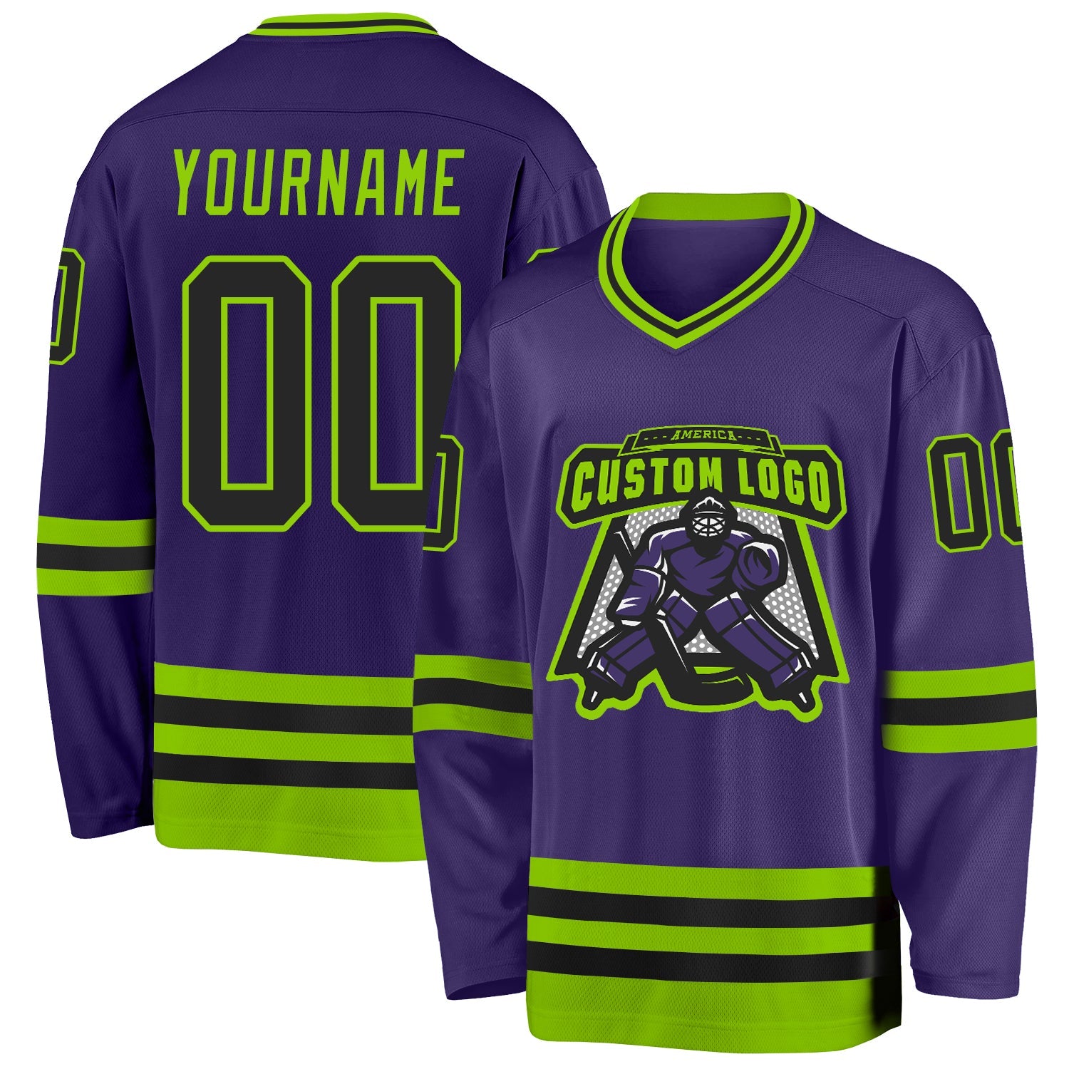 Custom Purple Black-Neon Green Hockey Jersey view 2