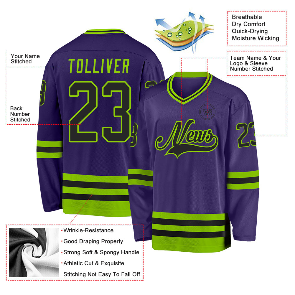 Custom Purple Black-Neon Green Hockey Jersey view 3