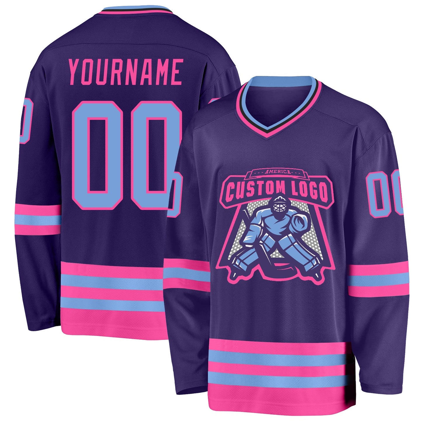 Custom Purple Light Blue Pink-Black Hockey Jersey view 2