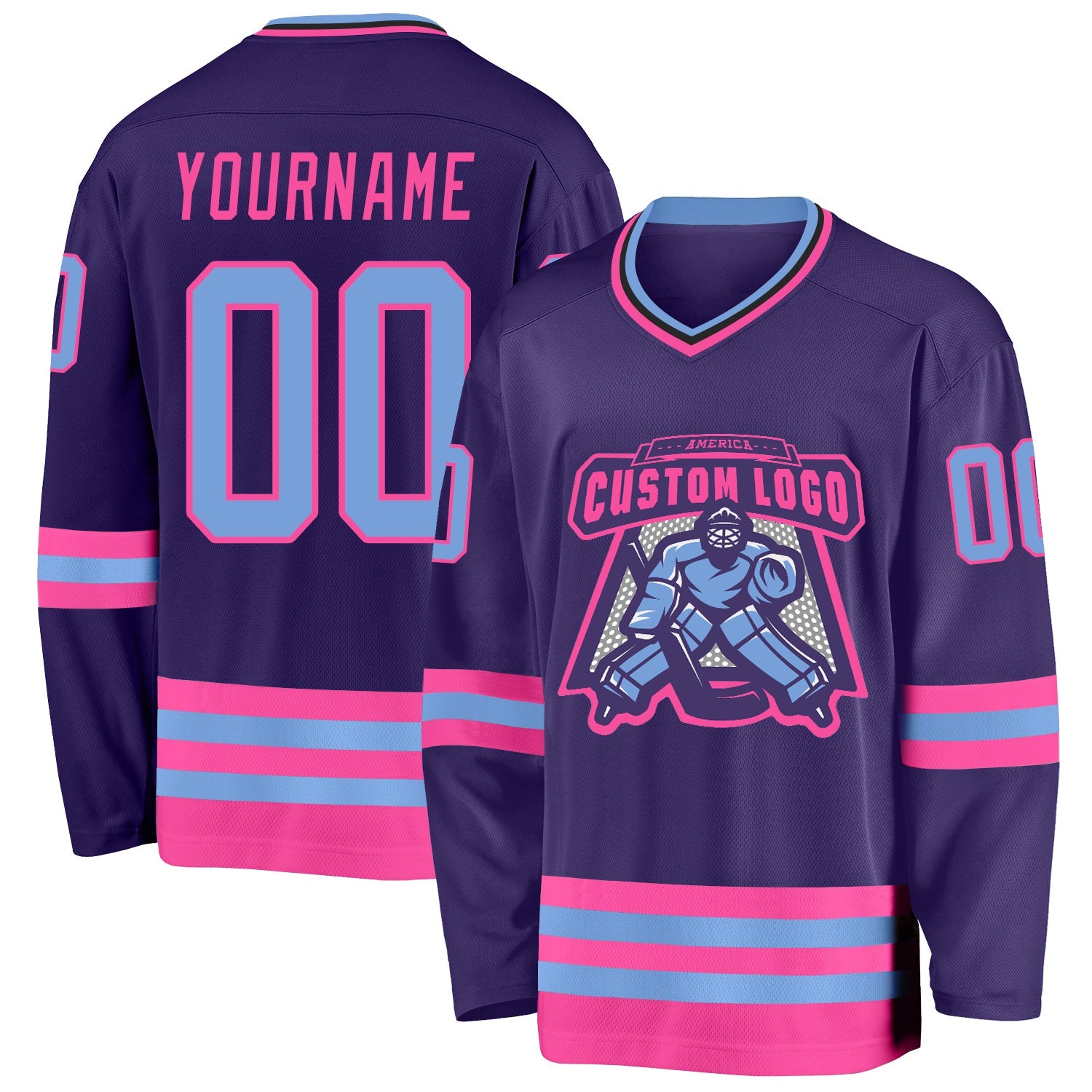 Custom Purple Light Blue Pink-Black Hockey Jersey view 2
