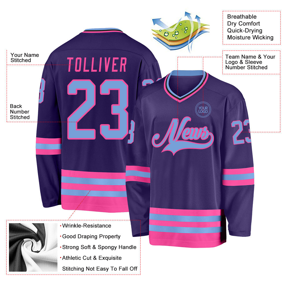 Custom Purple Light Blue Pink-Black Hockey Jersey view 3