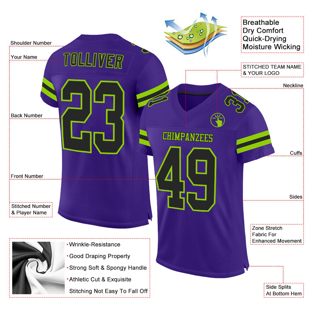 Custom Purple Black-Neon Green Mesh Authentic Football Jersey view 2