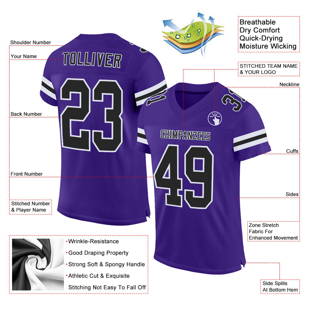 Custom Purple Black-White Mesh Authentic Football Jersey view 2
