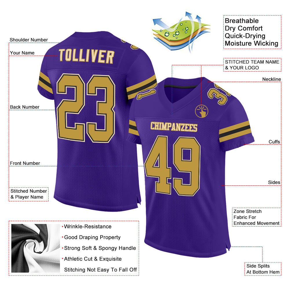 Custom Purple Old Gold Black-Cream Mesh Authentic Football Jersey view 2