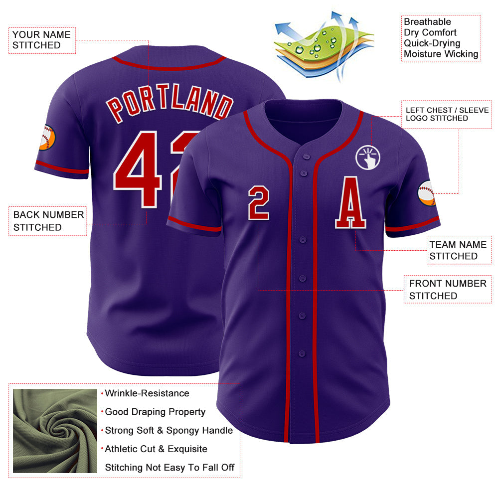 Custom Purple Red-White Authentic Baseball Jersey view 2