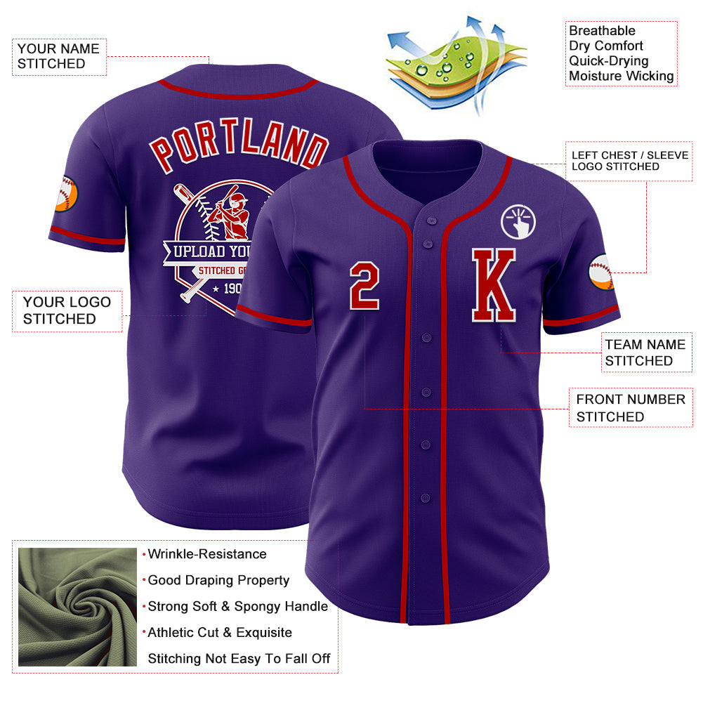 Custom Purple Red-White Authentic Baseball Jersey view 6