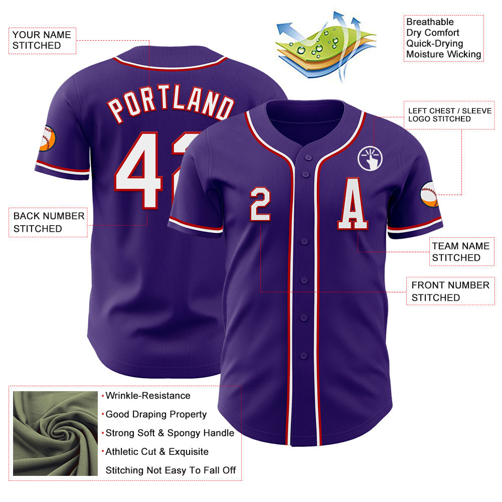 Custom Purple White-Red Authentic Baseball Jersey view 2