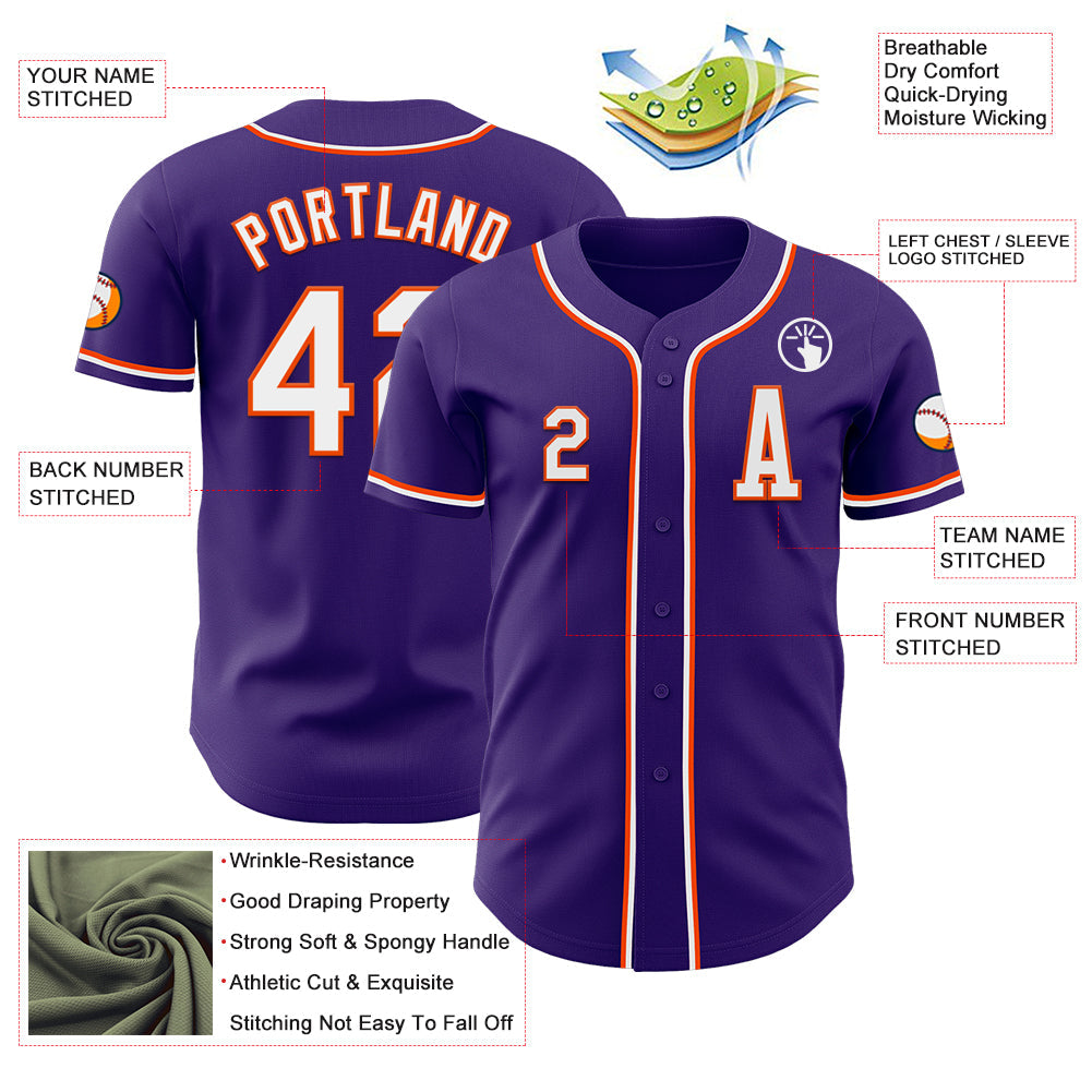 Custom Purple White-Orange Authentic Baseball Jersey view 2