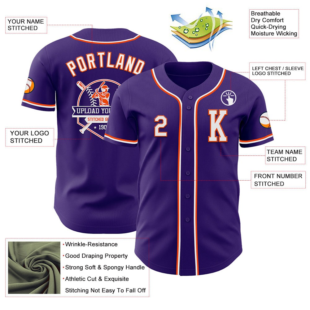 Custom Purple White-Orange Authentic Baseball Jersey view 6