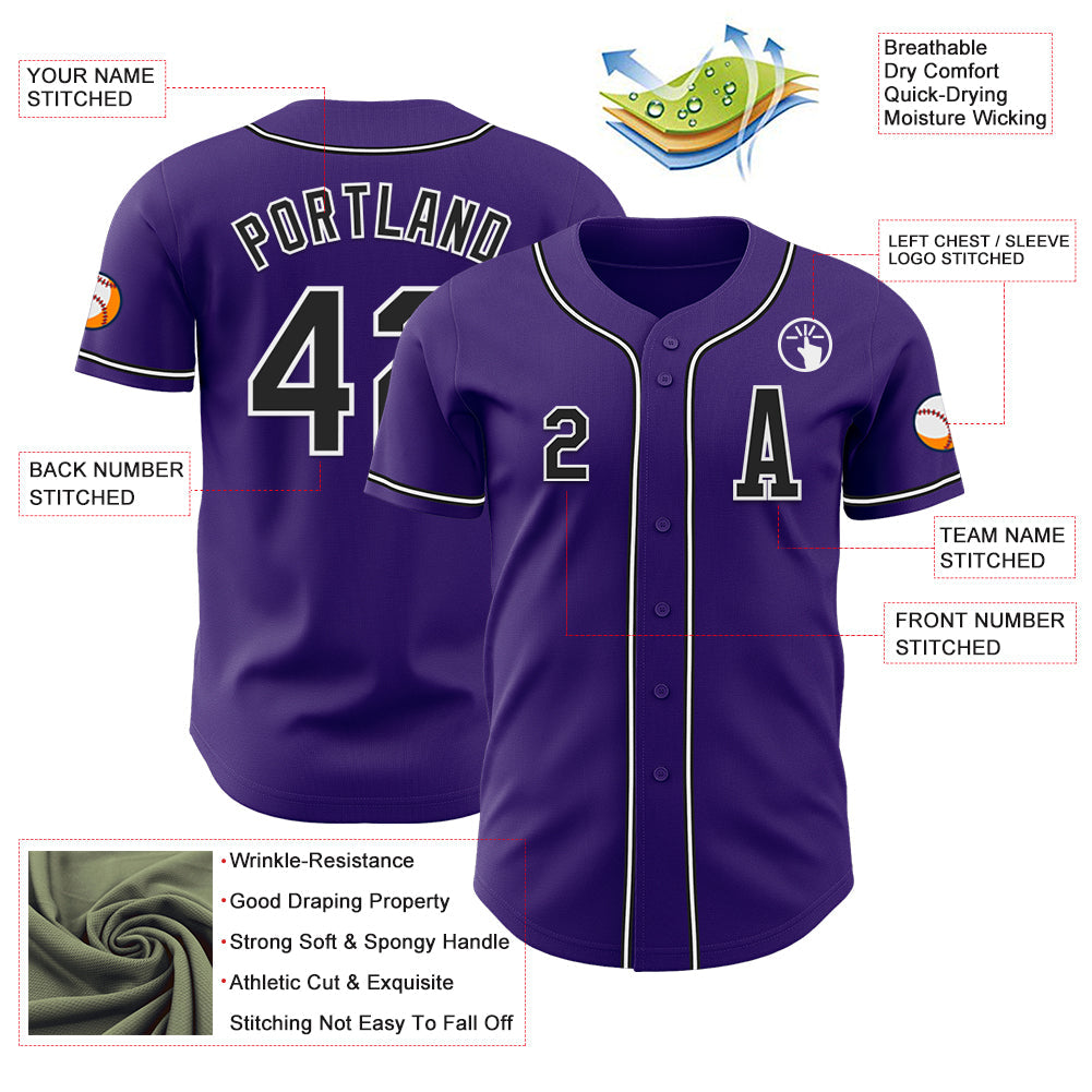 Custom Purple Black-White Authentic Baseball Jersey view 2