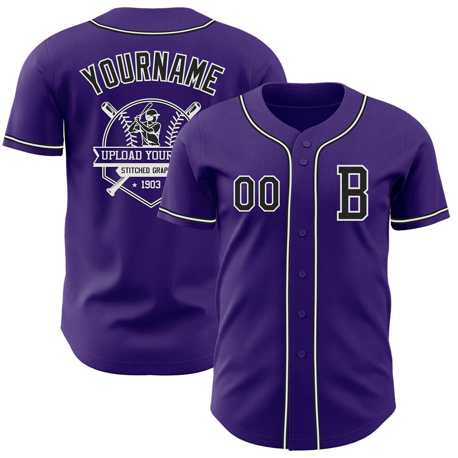 Custom Purple Black-White Authentic Baseball Jersey view 5