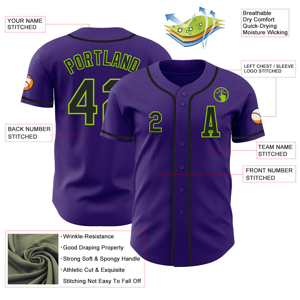 Custom Purple Black-Neon Green Authentic Baseball Jersey view 2