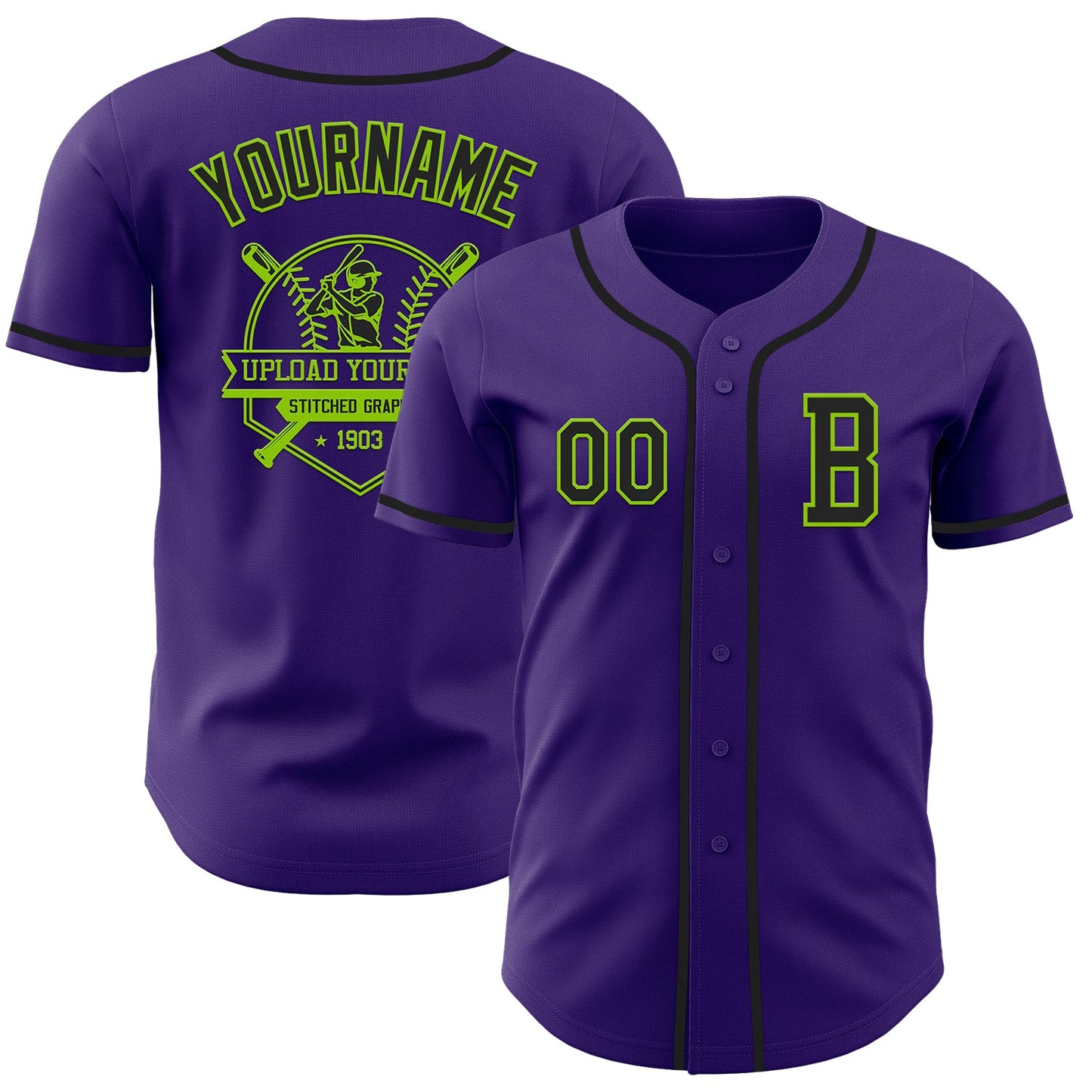 Custom Purple Black-Neon Green Authentic Baseball Jersey view 5